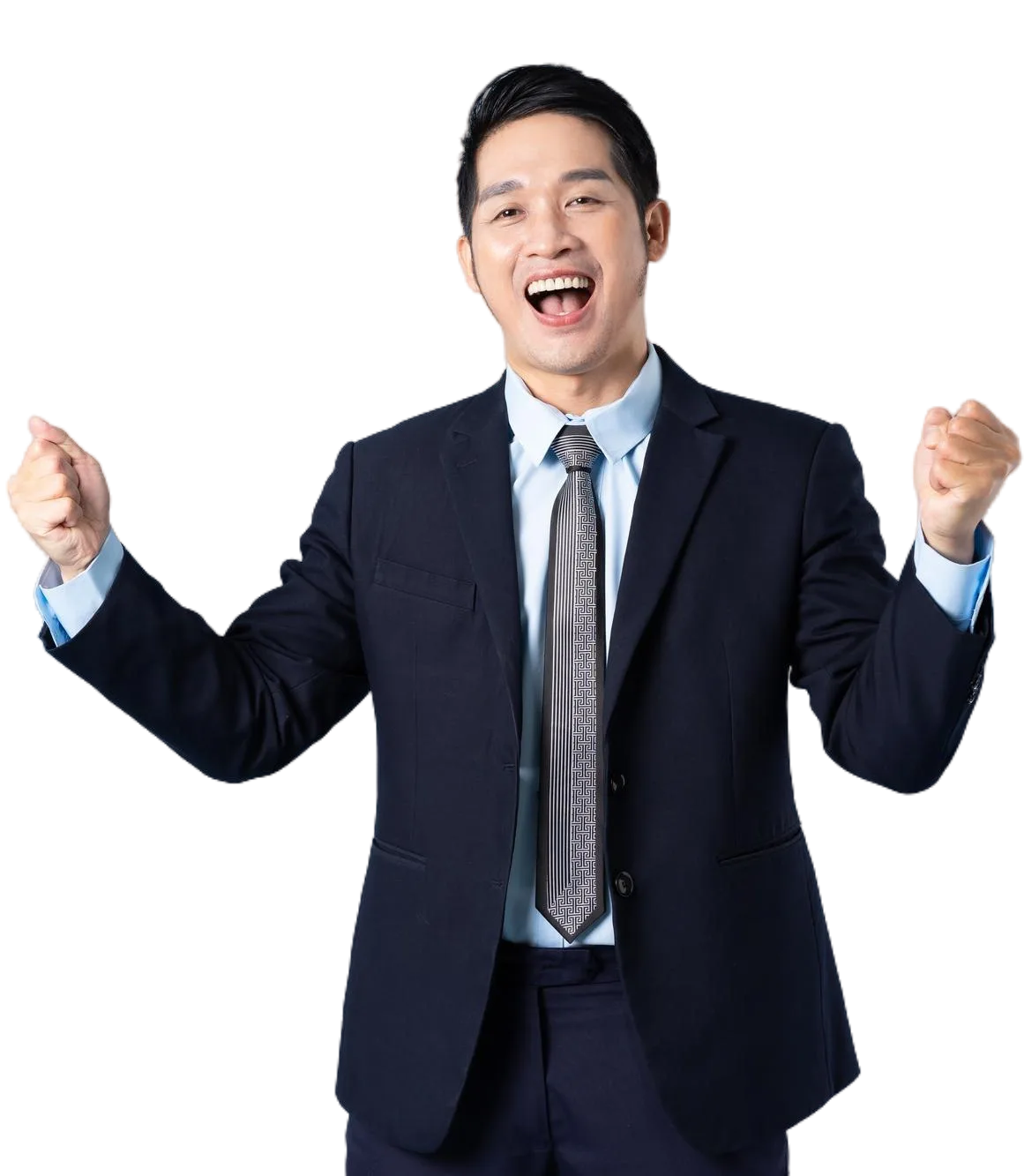 A confident businessman celebrating success, representing the impact of authority building services by KinetiqBuzz.