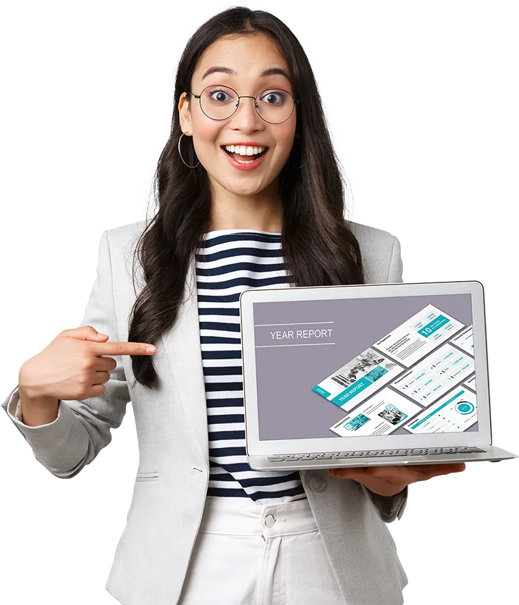 A cheerful professional showcasing a year report on a laptop, symbolizing successful authority building services by KinetiqBuzz