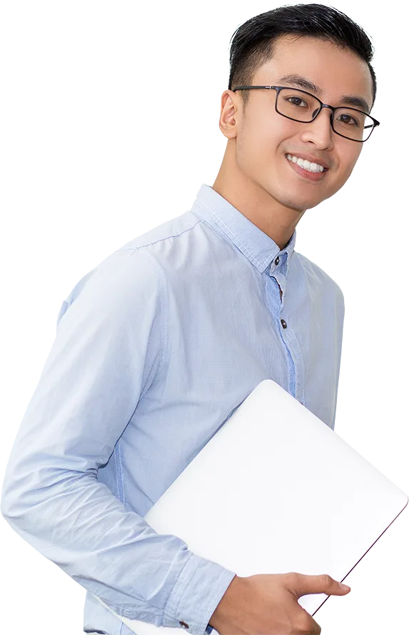 Professional man holding a laptop, wearing glasses and a light blue shirt, showcasing authority building expertise.