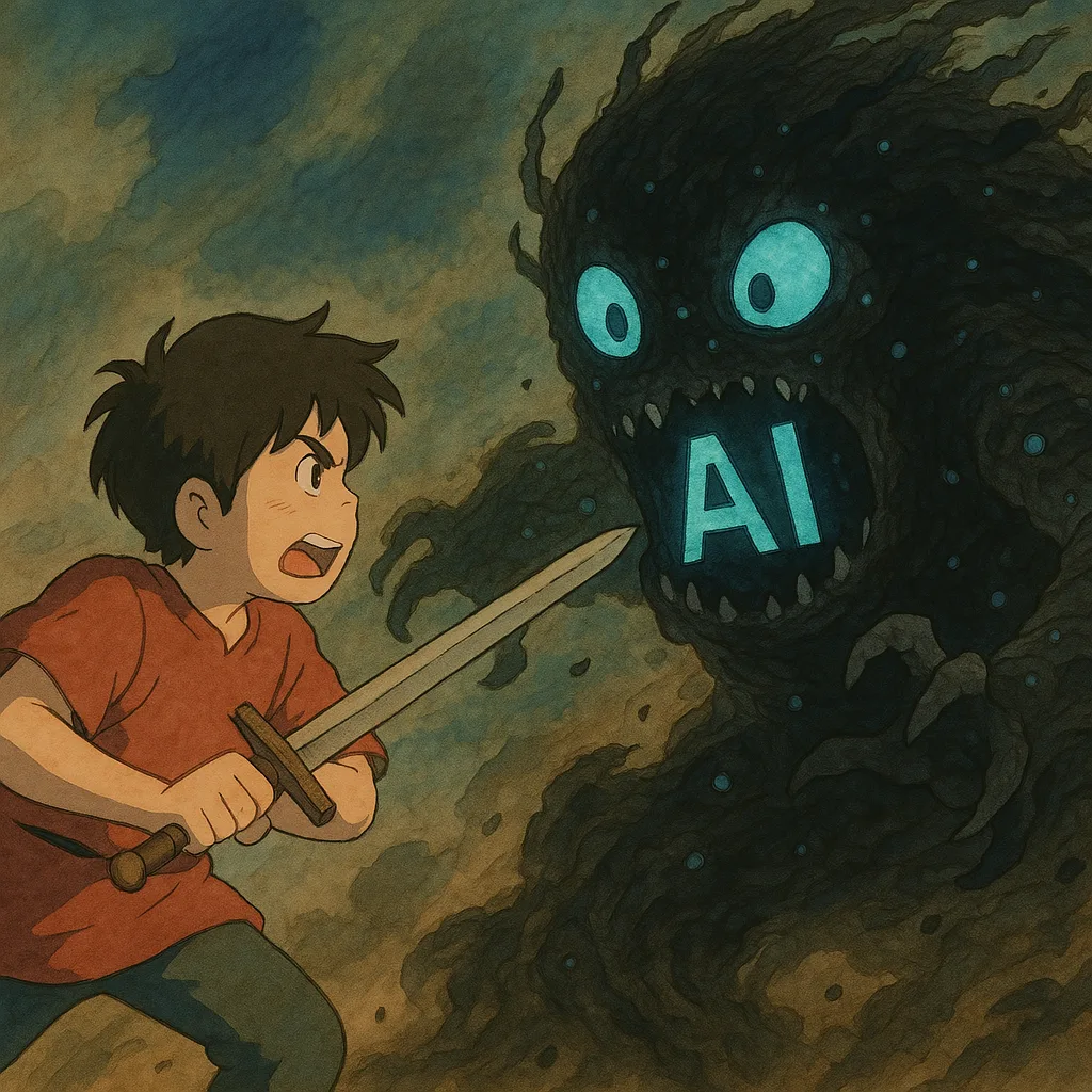 Ghibli art showing boy representing Studio Ghibli fighting AI for his intellectual property.